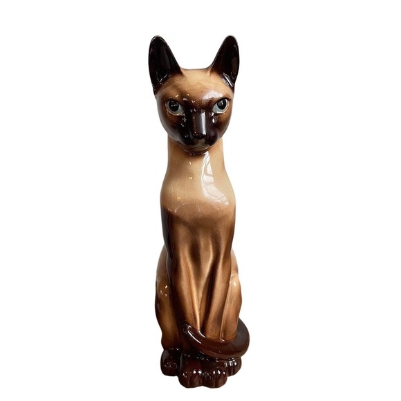 Other - Vintage Ceramic Siamese Cat Figurine Brown Tan Glazed Sitting‎ Tail 11"
